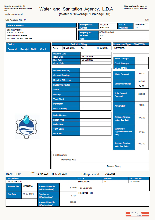 Pakistan WASA utility bill template in Word and PDF formats, version 2